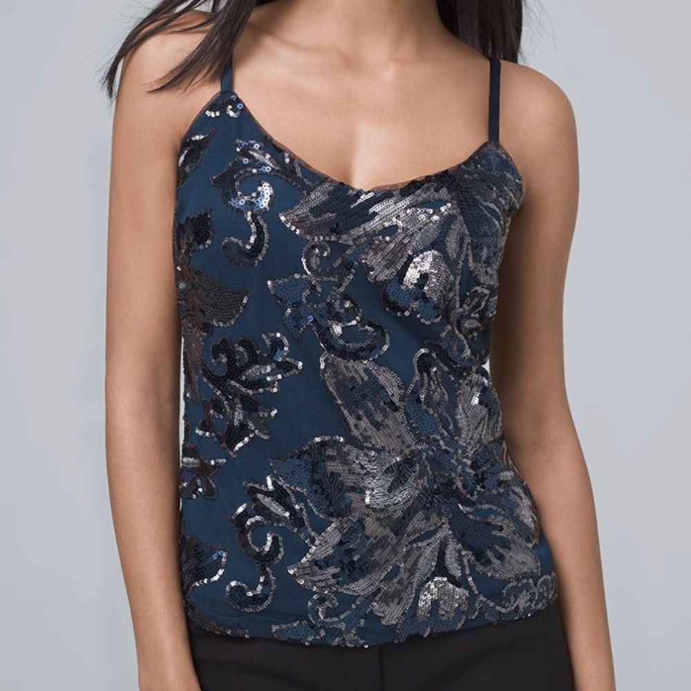 Deep Blue Mesh Sequins Spaghetti Strap Party Top - image 1